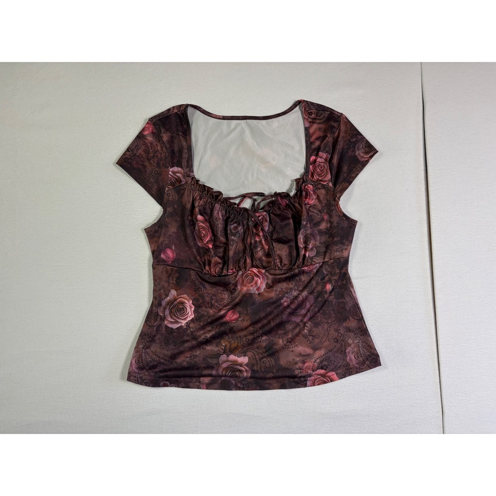 Brown Floral Rose Milkmaid Top Ruched Lace Up Cap Sleeve Romantic Goth Blouse